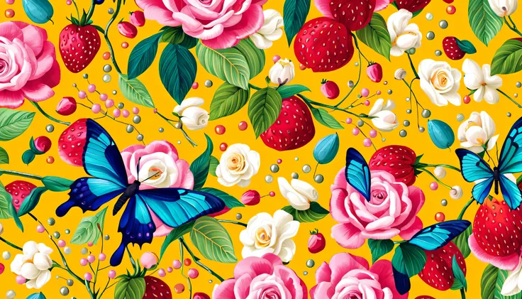 Seas of freshness with the Ocean tropical breeze in the ORANGE background— ocean breeze, sun-bleached driftwood, and a touch of salty sea air. colorful pearls, jewels, ((butterfly)), ((yellow small stars)), (strawberry), pink rose || (embroidery) seamless...