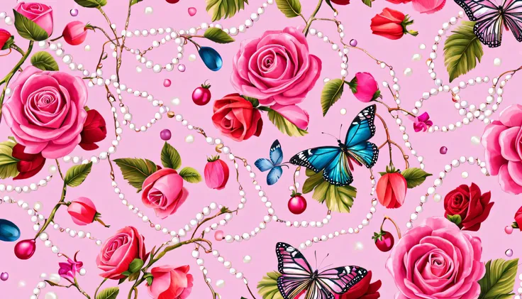 Seas of PEARLS In the (PINK BACKGROUND)— ocean breeze, sun-bleached driftwood, and a touch of salty sea air. ((small stars)) colorful tropical bird, flamingo, ((WHITE pearls)) jewels, ((butterfly)), ((WHITE PEARL)), (strawberry), BLUE rose, cherry || (embr...