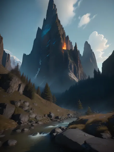 Close-up of a mountain，There is a stream in the mountains, cinematic smooth Unreal Engine, Unreal Engine 5 environment, matte background. Unreal Engine, Unreal Engine cinematic smooth, Unreal Engine 5 High Rendering, Rendering in Unreal Engine 5, Unreal 5 ...