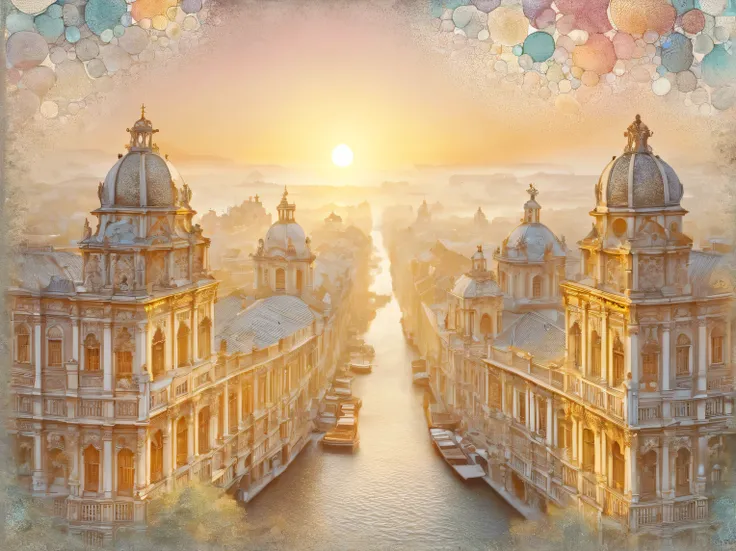 Baroque aesthetics, Baroque dawn, morning landscape, baroque morning, The Art of Drawing Dots, Small dots, Dotted shadows, small touches, filling with fractals, High detail, More small details, A high resolution, play of colors and shadows, romantic palett...