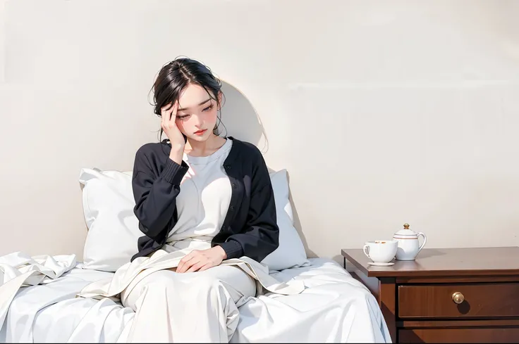 there is a woman sitting on the bed with a white blanket, The woman is very tired., illเป็นหวัด, People in the house sit in bed., struggle, crying woman, stock photos, sitting on the edge of the bed, full body, slide, Some of them sit in bed., special, sit...