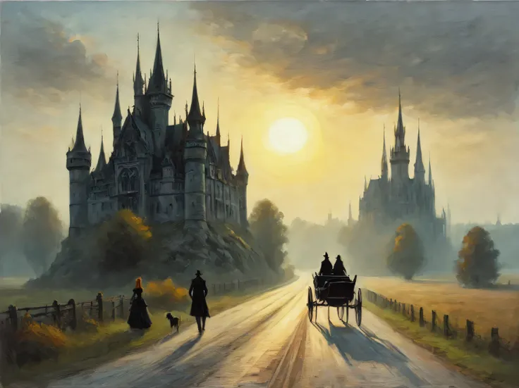 gothic aesthetics, gothic morning, gothic landscape, gothic castle in the morning sun, road, conveyance, couple walking on the r...