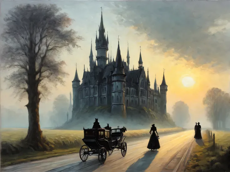 gothic aesthetics, gothic morning, gothic landscape, gothic castle in the morning sun, road, conveyance, couple walking on the r...