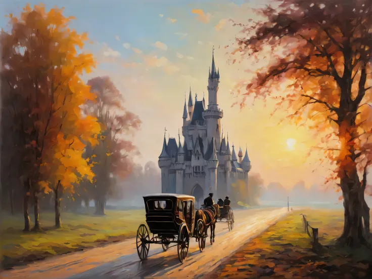 gothic aesthetics, gothic morning, Gothic landscape, Gothic castle in the morning sun, road, conveyance, couple walking on the road, Gothic palette, A high resolution, play of colors and shadows, oil painting, High resolution 32K, A high resolution