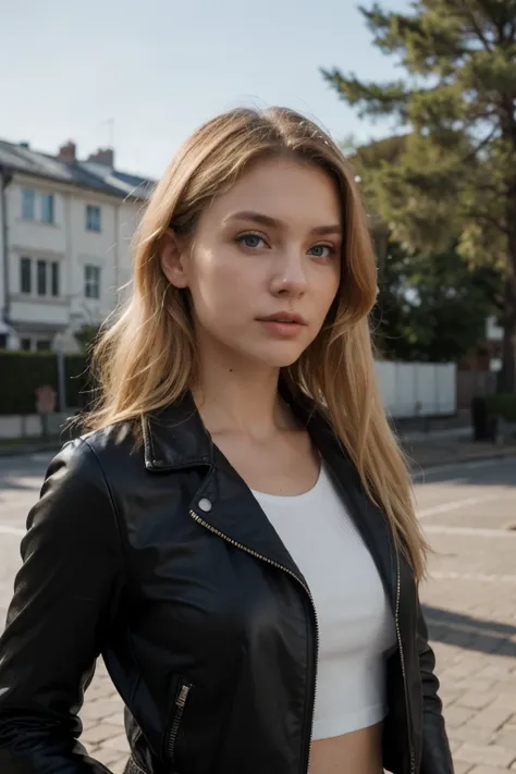 Extremely realistic blonde Russian girl with blonde hair and blue eyes, wearing a black leather jacket, white top, entire upper body, looking at the sky, not portrait