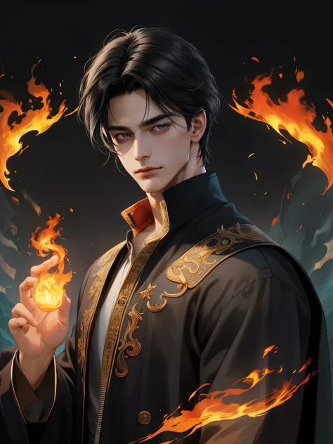 Masterpiece, High detail, Best quality, Man, ((20 years)), High detail, detailed face ((black hair, dark eyes)), smooth skin, magic, fire mage, perfect hands