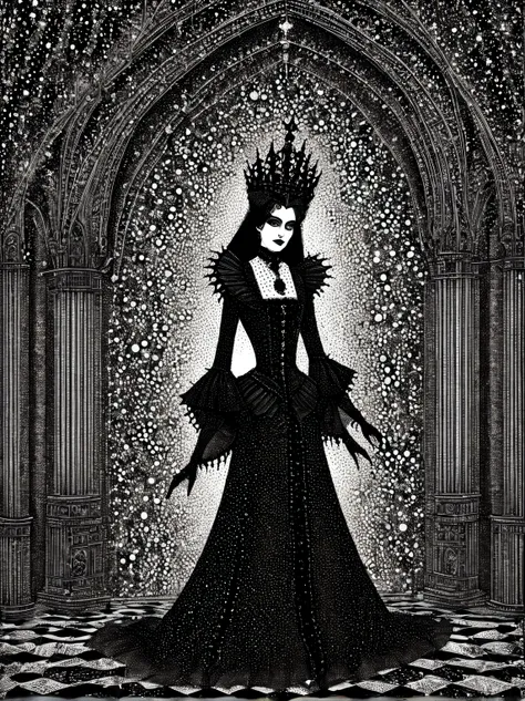 gothic aesthetics, portrait of a gothic queen, the art of drawing dots, small dots, dotted shadows, small touches, filling with ...