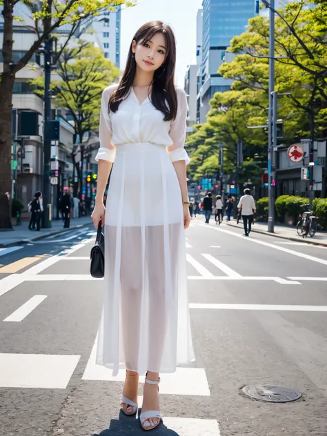 Photoreal, 8K full-length portrait, Beautiful woman, attractive look, Clear system, 18-year-old, Tokyo, 2024, spring, Shibuya in the background