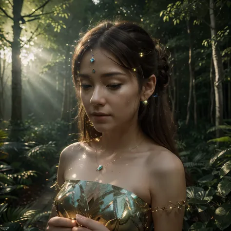 (best quality,4k,8k,highres,masterpiece:1.2),1fairy,(perfect face:1.1),(dramatic lighting:1.1), a flying female fairy, (floating glow lights:1.1), (glass tree forest:1.1), blindfold, (depth of field:1.1), (ultra detailed:1.1), light, (shining dust:1.1)