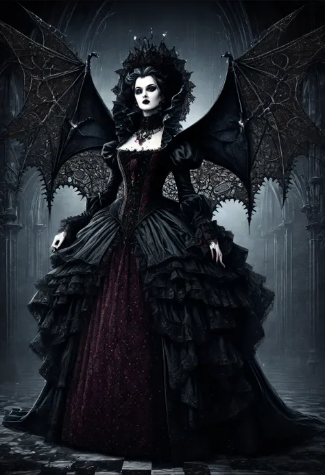 gothic aesthetics,
Full length portrait of a gothic vampire queen., full pose, in a gothic dress, The Art of Drawing Dots, Small dots, Dotted shadows, small touches, filling with fractals, High detail, A high resolution, play of colors and shadows, Gothic ...