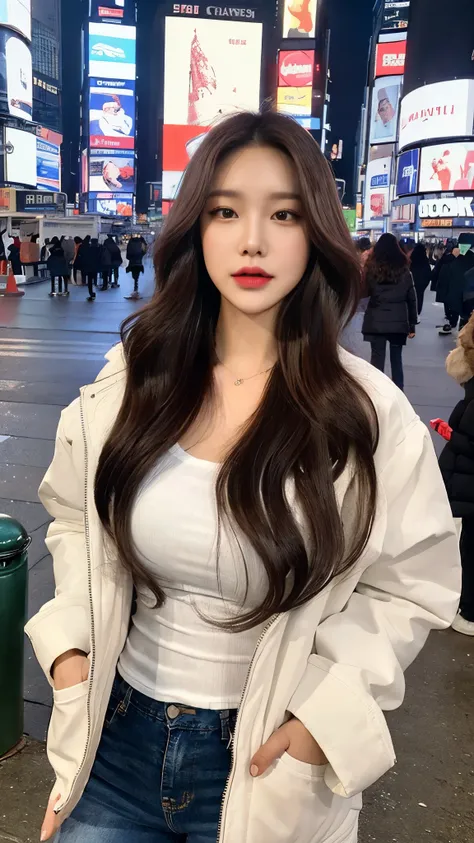 (best quality, 8 thousand, high resolution, masterpiece :1.3), Tall and pretty woman, slim body, Dark brown hair in loose wavy style, white t-shirt covered with open jacket, Jeans, (Times Square at night), Delicately expressed details, including face and s...