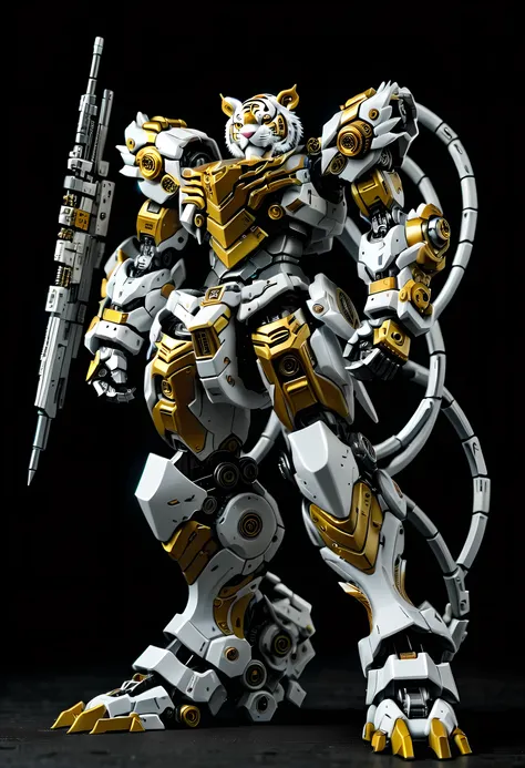 Pure black background, A white and yellow Tiger mecha stood on the ground，Get into a fighting stance, A tiger&#39;s head and body made of ultra-precision mechanical parts, Electronic parts, and metal armor.