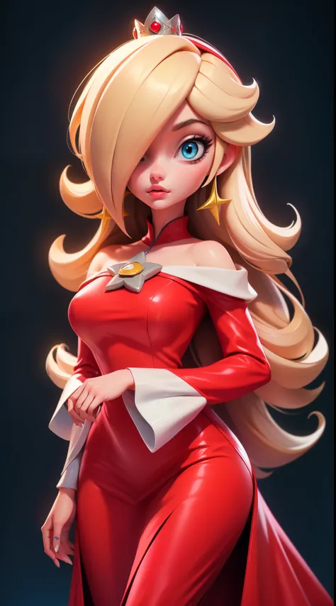 princess that has pauline's body, heavy makeup on her eyes and lips, and rosalinas blonde hair covering one side of her face, si...