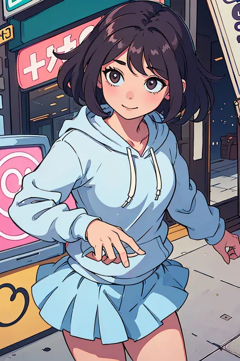 (best quality:0.8) perfect anime illustration, a pretty, happy woman with short curly brown hair on the street in the city, wearing a hoodie, skirt