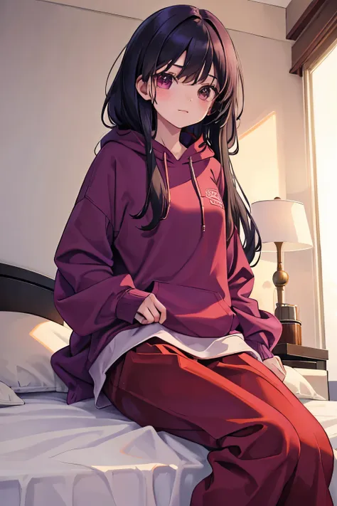 a girl wearing baggy red-purple pants, long sleeve, winter, wearing a reddish-purple oversized hoodie, moe sleeves, bedroom, bar...