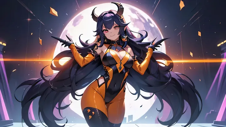 luna the succubus from monster girl prison, orange jumpsuit, ((masterpiece,best quality)), 19 year old succubus, solo, smiling, looking at viewer, cowboy shot, cinematic composition, dynamic pose, tight but baggy orange prison jumpsuit