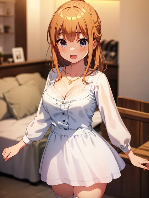 detailed， dense， masterpiece， a girl， beautiful big breasts， Wearing a white cardigan， Permanently installed，Stand by the bed，There was a blanket，  Orange hair， 16 years old， Light滑的皮膚， 发Light的皮肤， 发Light的头发， clear eyes， 发Light的眼睛，blue eyes，（The audience lo...