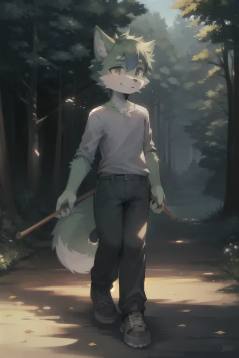 Green Furry Wolf boy  Good person Cute
Holding a walking stick
Hands
Legs
Short hair
Bright
Color
Tail
Clothes
Trousers
Shirt
Meadow