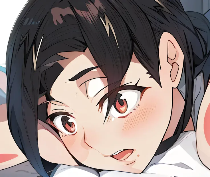 anime image of a black-haired woman lying on the bed, nagatoro, perfect anime face, close up of young anime girl, ilya kuvshinov...