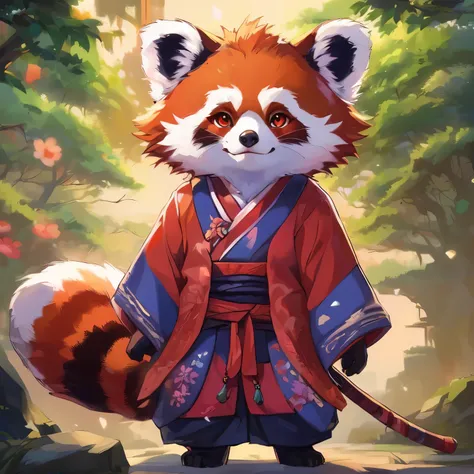 (best quality,4k,8k,highres,masterpiece:1.2),ultra-detailed,realistic,red panda, chibi style, with black and red kimono, vibrant colors, soft lighting