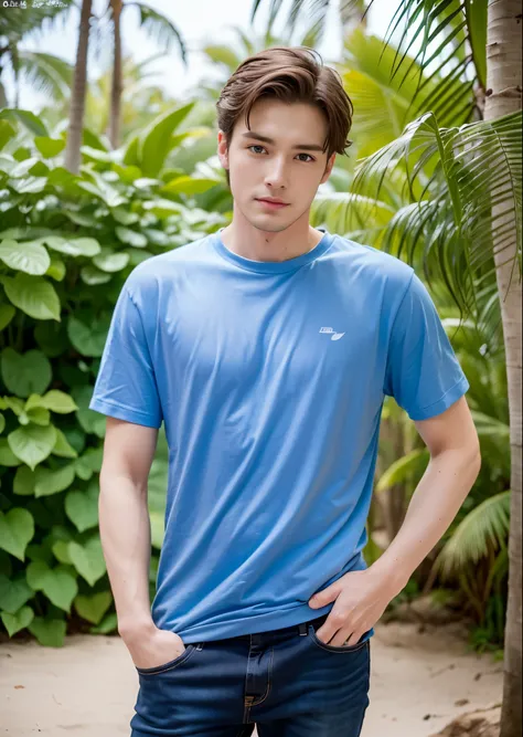 realistic, Handsome male model, manly white man, (Sorry face:1.3), young, 18-year-old, ((highest quality)), ((masterpiece)), (be familiar with), 白いT-SUIT, ( blue pupils:1.4), and, regent&#39;s hair、 Wearing jeans, and tightened. capture his expression, san...