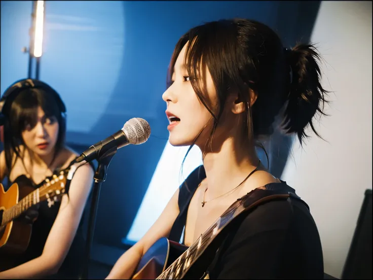 Japanese woman practicing singing、shot from the waist up、in the studio