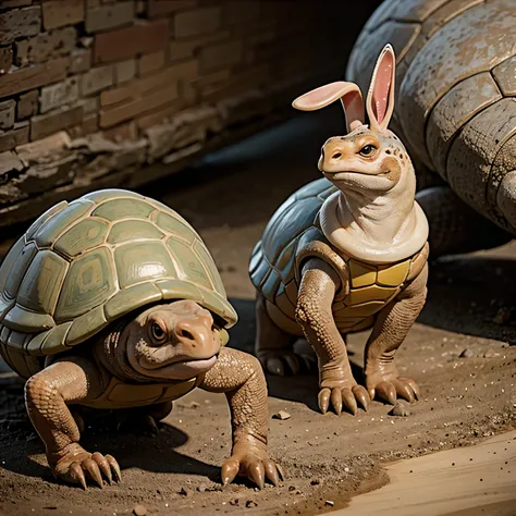 Surreal tortoise and hare race three-view character high-quality and high-detail side view