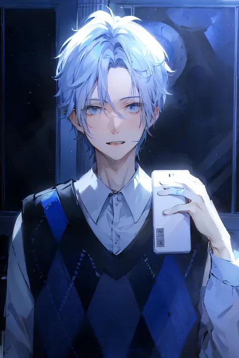 anime guy with white hair and blue eyes taking a selfie, tall anime guy with blue eyes, xqc, young anime man, male anime character, anime portrait of a handsome man, anime handsome man, handsome anime pose, with a drink, holding a drink, official anime sti...