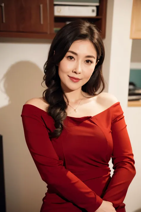 ((top quality、8k、masterpiece:1.3))、sharp focus, High level of image quality, high resolution，,Grey crewneck dress，wavy long hair，bedroom background，37-year-old female，Mature，charming smile，Draw lips correctly, red lipstick，stand，stand up，Slightly fat，mediu...