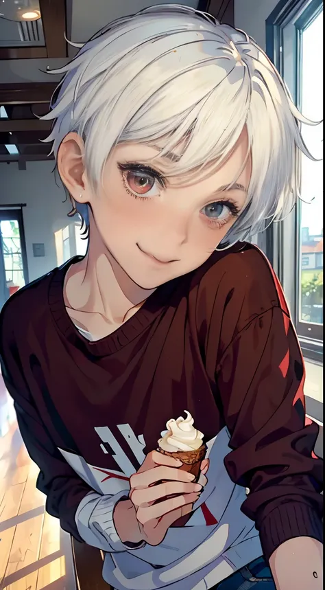 ((masterpiece)),(((best quality))), (high-quality, breathtaking),(expressive eyes, perfect face), 1boy, solo, male, short, young, small boy, short white hair, red eyes, smiling, blushing, long sleeve sweater, short shorts, indoors, eat ice cream, cute, swe...