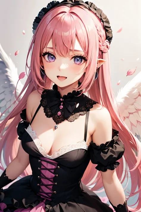 4K quality:1.2,1 girl,sense of depth,confused,catch light,Super beautiful illustration,((falling petals)),(((pink hair,long hairstyles:1.3))),eye shadow,((black clothes,Gothic Lolita)),Upper body,;D,beautiful and delicate flowing hair,((Delicate and detail...