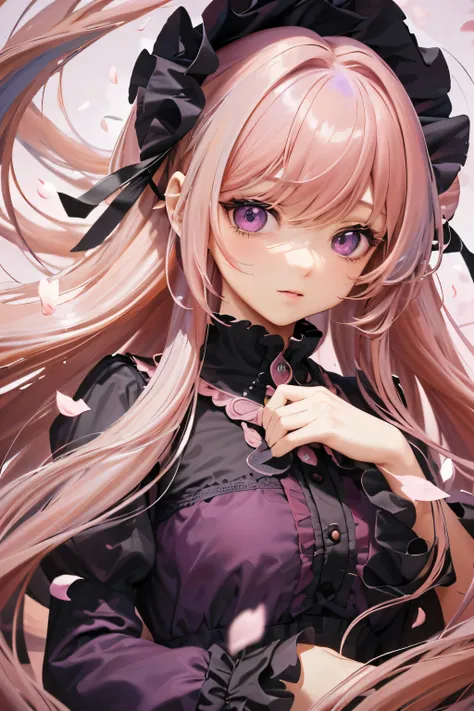 4K quality:1.2,1 girl,sense of depth,confused,catch light,Super beautiful illustration,((falling petals)),(((pink hair,long hairstyles:1.3))),eye shadow,((black clothes,Gothic Lolita)),Upper body,;D,beautiful and delicate flowing hair,((Delicate and detail...