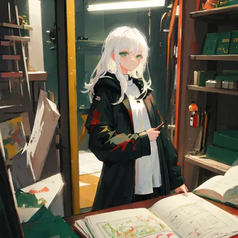 mksks style, masterpiece, best quality,  ultra-detailed, illustration, upper body, 1girl, cool, white hair, medium hair, green eyes, ((black coat)), indoors, dimly lit