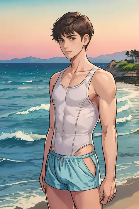 A man with short hair wearing a swimsuit stands in front of the sea.
