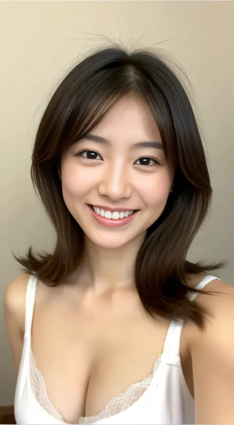 Japanese ),((beautiful girl)),cleavage,An expression that imagines something pleasant:1.2,(perfect body beauty:1.2),((perfect body)),(shy smile),beautiful teeth,