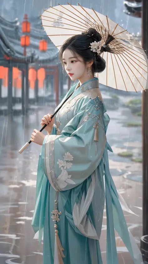 Yue Xiaofei style fashion event，Woman holding an oil-paper umbrella on her shoulders to protect herself from the rain, light jade, Ethereal dreams, Tang Youhong, elegant, detailed design, dansaekhwa paper umbrella Hanfu holding umbrella when it rains,(Comp...