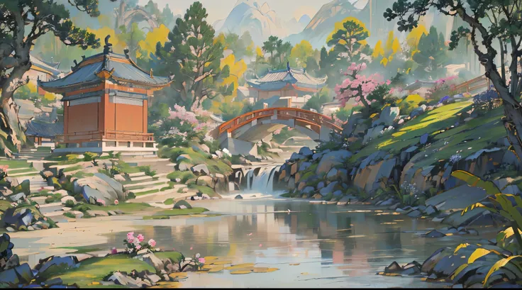 ((Best quality, masterpiece: 1.2)), CG, 8K, intricate details, cinematic perspective, (no one around), (Ancient Chinese garden), pond filled with lotus flowers, rocks, flowers, bamboo forests, waterfalls, wooded areas, small bridges spanning babbling strea...