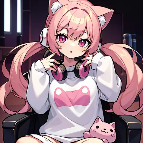 kawaii girl, she is wearing a white oversized sweater with a pink logo on it, she has pink cat headphones on her head, she has pink eyes and strawberry blonde hair that is in pigtails, she is in a pink gaming chair 