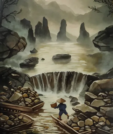 painting of a man carrying a basket of rocks across a river, inspired by Lu Zhi, (waterfall), chinese surrealism, by Yang Borun, by Qu Leilei, inspired by Cui Zizhong, inspired by Miyazaki, by Sheng Maoye, by Luo Mu, in style of hayao miyazaki, waterfall