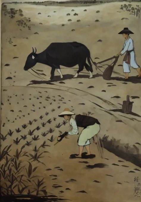 painting of a farmer plowing a field with a cow, japanesse farmer, villagers busy farming, by Kamisaka Sekka, traditional painting, inspired by Fernando Amorsolo, inspired by Xu Beihong, by Kaburagi Kiyokata, old chines painting, by Yang Borun, by Yang Buz...