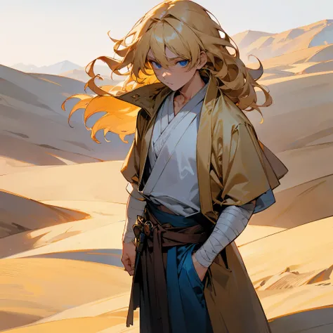 1male, adult, finely detailed blue eyes, medium wavy hair, blonde hair color, jedi robe, poncho, bandages wrapped around arms, bandolier across chest, standing with hands in pocket, standing on desert trail, oasis