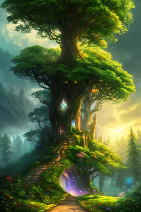 masterpiece, 最high quality, high quality,very detailed CG unity 8k wallpaper, Enchanting and dreamy scenes in a fantastic forest, towering tree々and, glowing mushroom, and the hidden fairy glen, Create a mysterious and enchanting feeling, art station, digit...