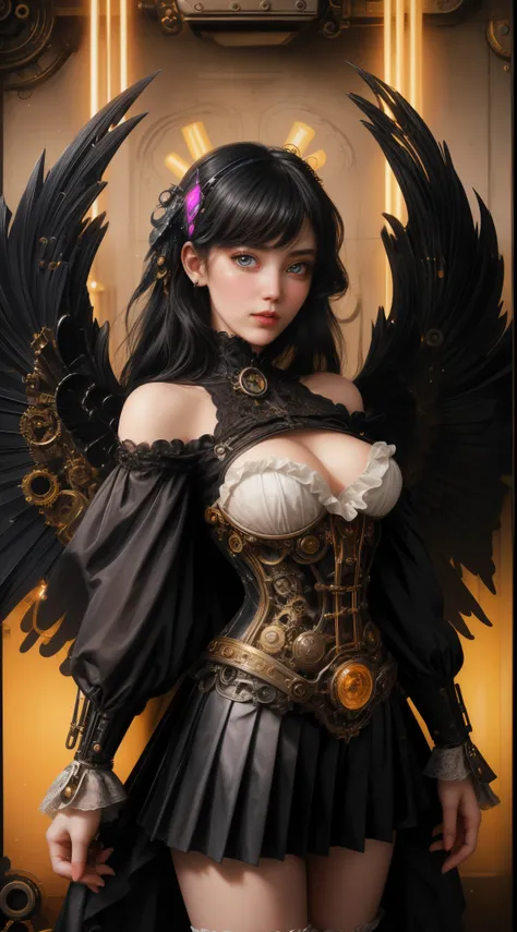 Mechanical doll girl, very cute and very adorable, (((very super realistic))), (((very realistic and accurate eyes))), (((pure white Victorian rococo))), metallic textures, shiny metal, shiny metal-like clothing, gothic and lolita, off the shoulder, (((ver...