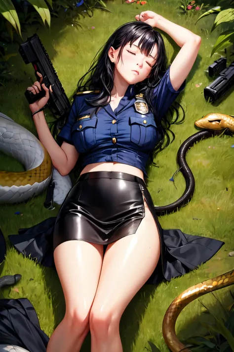 Knockout in the jungle asleep, snake coils around the breast of the police officer woman with long black hair black satin blouse with a black silk skirt gun in hand laying on the ground leg spread