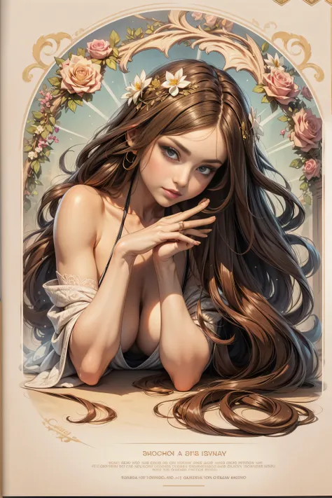 a woman with long hair and flowers in her hair is featured in a poster for alphonse mucha's the alphonse mucha by alphonse mucha