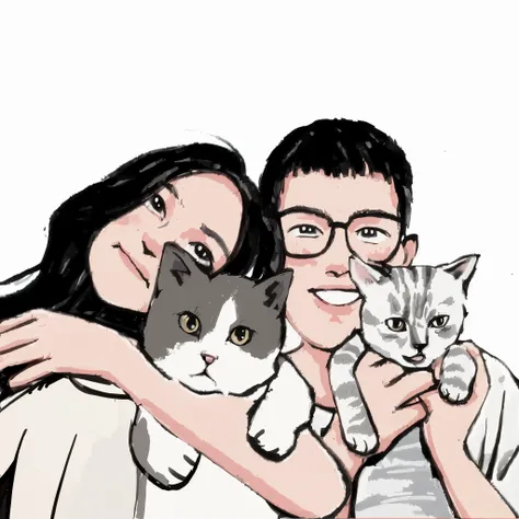 there is a man and woman holding a cat and smiling, cartoon style, hand painted cartoon art style, high quality portraits, cartoon art style, Hand drawn cartoon, cartoon drawing, cartoon portrait, traditional style, comic style, cartoon art style, , cartoo...