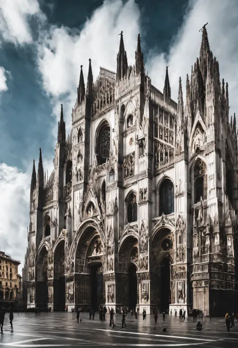 the gothic architecture of milan cathedral is always towering and filling the space. the gothic church has a strong religious at...