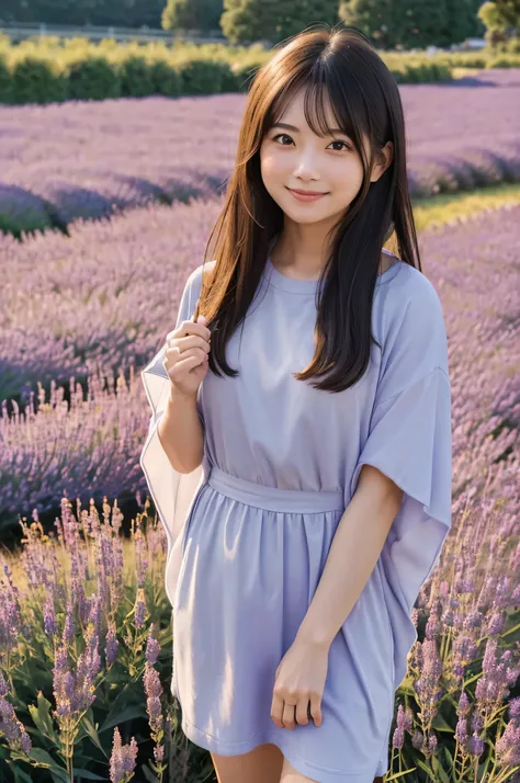 
((super high quality)), (Photoreal), (SO400 1/60 seconds -Leica Summicron-R90mm f2.0), (Lavender field background), (sunrise sky), (soft natural light), (Reflective version reflected from below), (wide shot), (((whole body))), (Japanese female idol), Plea...