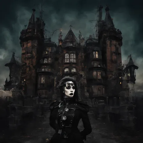 gothic aesthetics, combination of styles, gothic combined with steampunk, double exposure photography, gothic castle in the twil...