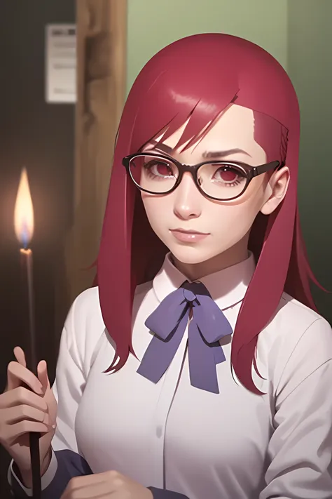 araffed karin uzumaki, lange rote haare, rote augen, glasses  woman sitting on top of a geburtstagskuchen with candles, happy bi...